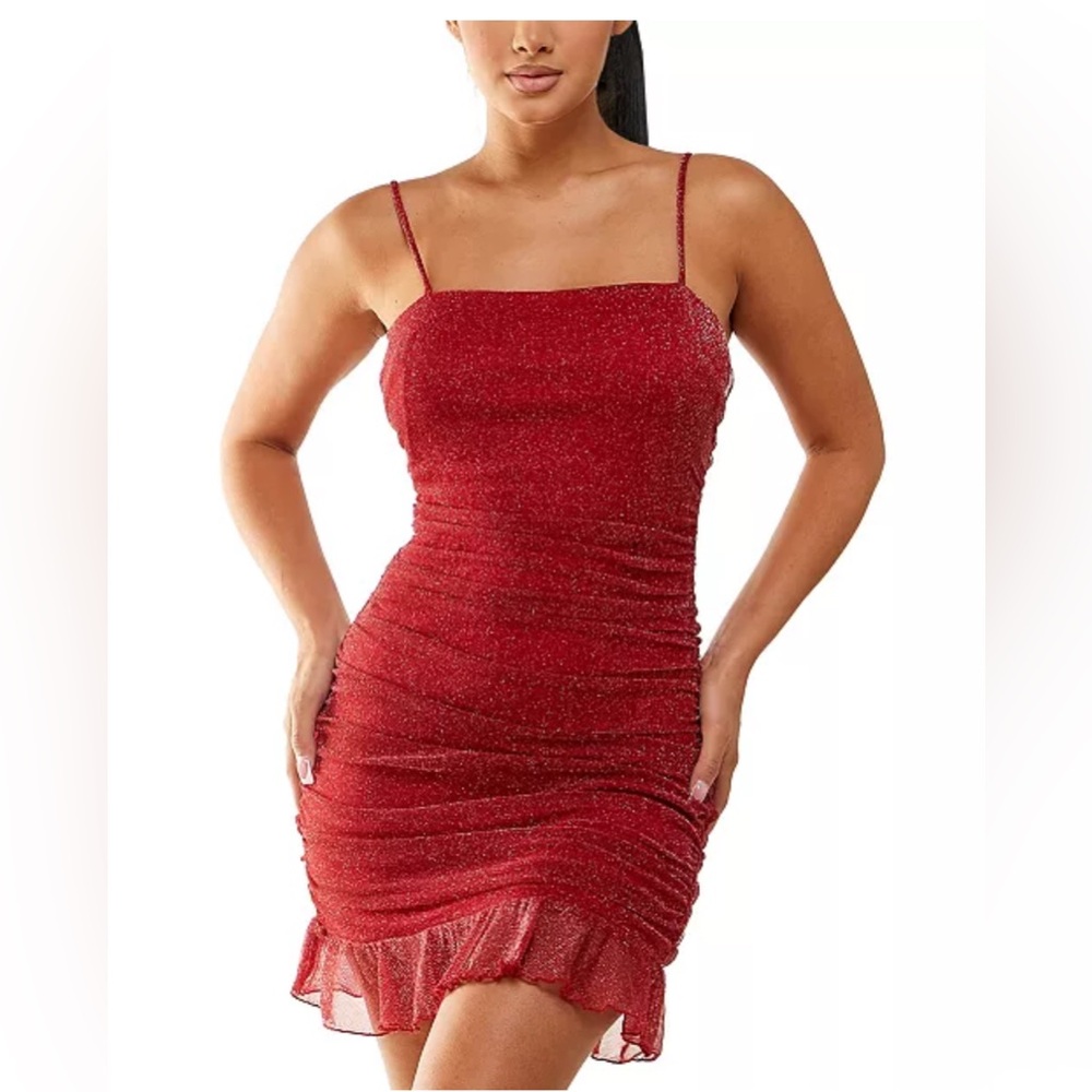 Sparkling Red Ruched Body-con Midi Dress